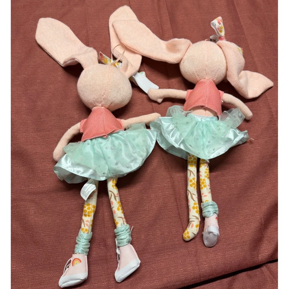 Set of 2 Plush Ballerina Bunny Dolls Pink Mint Green Tulle Tutu Floral Knit 12